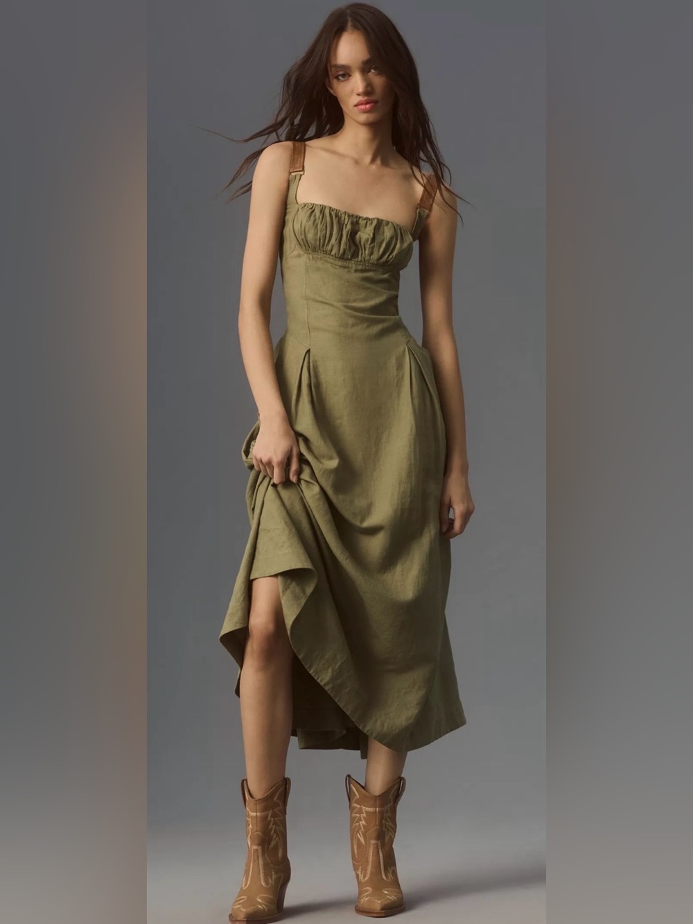 By Anthropologie Linen Utility Square-Neck A-Line Midi Dress Size S